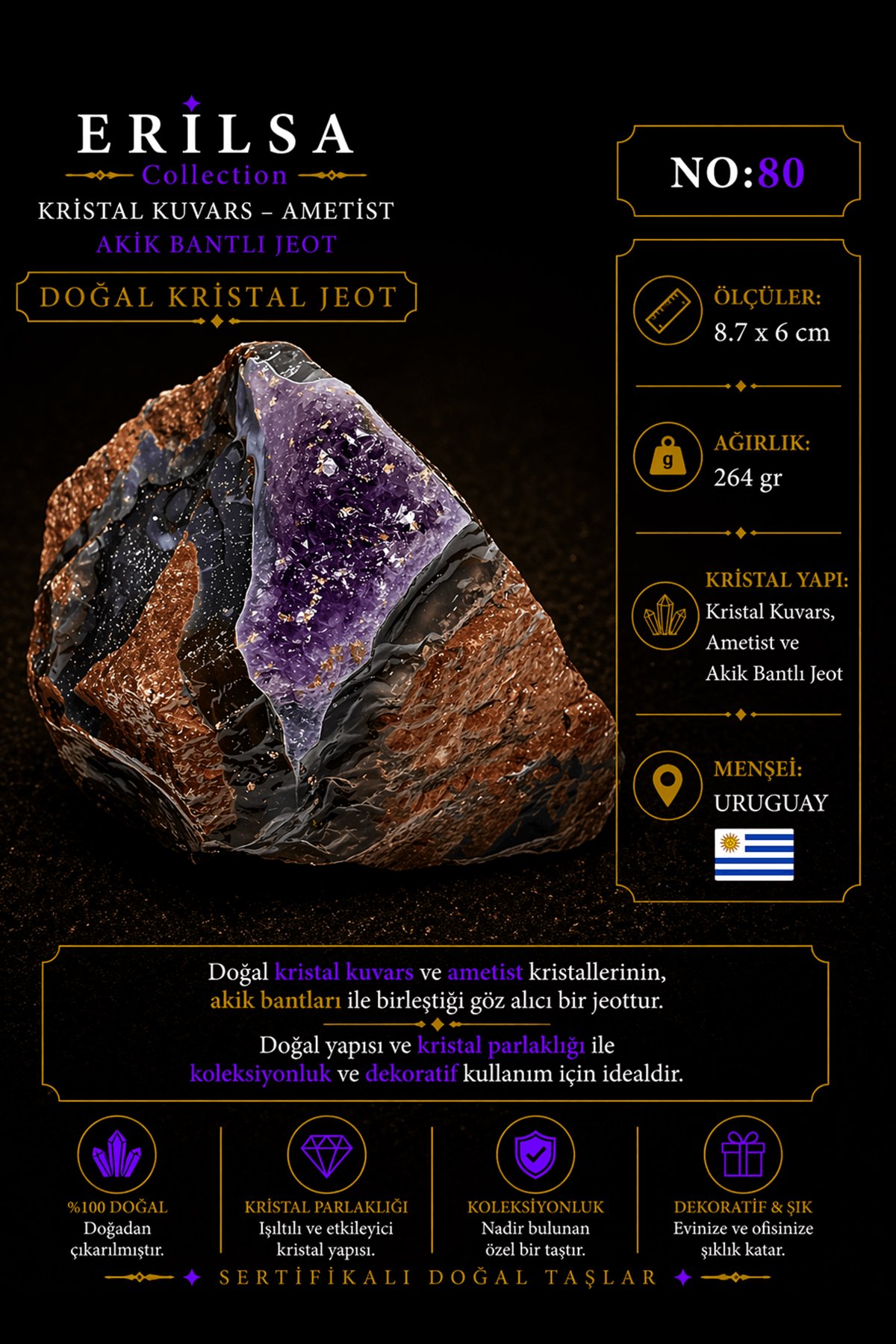 Sertifikalı Doğal Ametist Jeodu Akik Bantlı Kristal Kuvars Ham Kaya Uruguay NO80