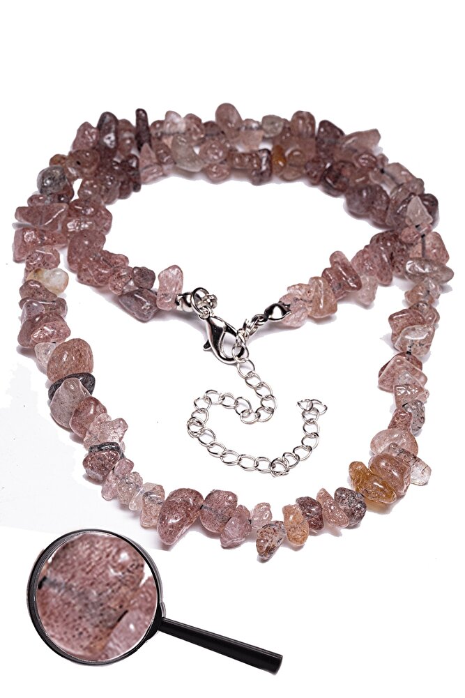 Sertifikalı Kırık Taşlı Çilek Kuvars Taşı Doğal Taş Kolye