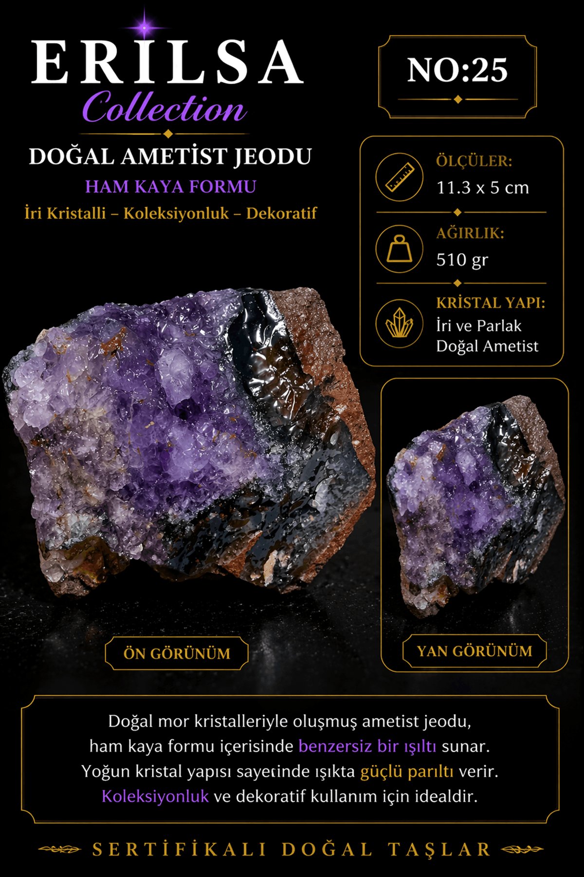 Sertifikalı Doğal Ametist Jeodu Taşı Kütle İri Kristal Ham Kaya Mor Ametist Dekoratif Koleksiyonluk