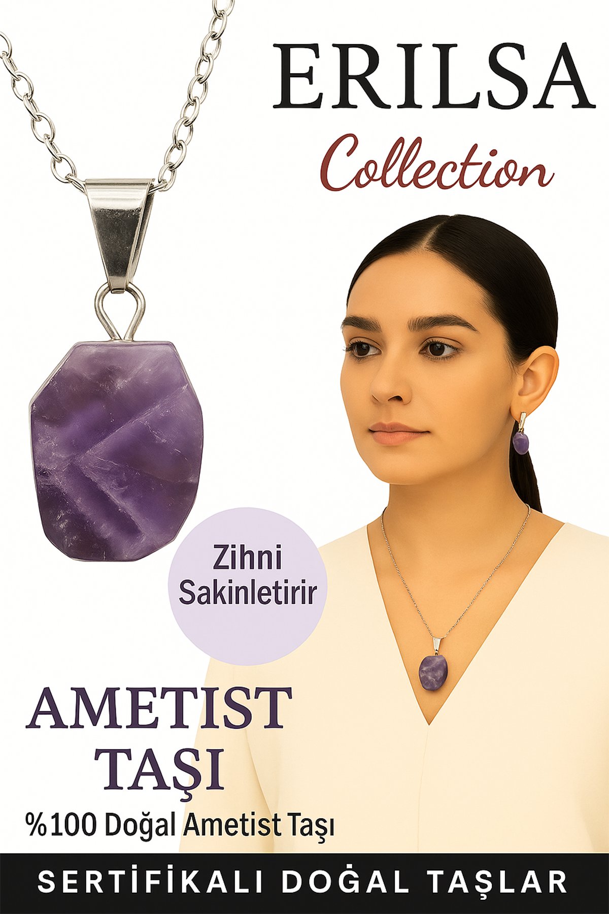 Sertifikalı Doğal Ametist Taşı Kolye – Zihni Sakinleştiren ve Enerji Dengeleyen