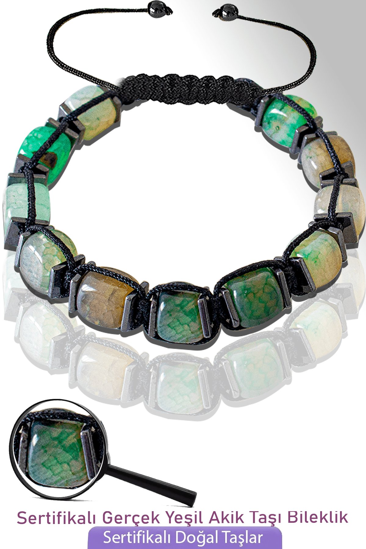 Sertifikalı Küp Model Doğal Yeşil Akik Taşı Bileklik - Ayarlamalı