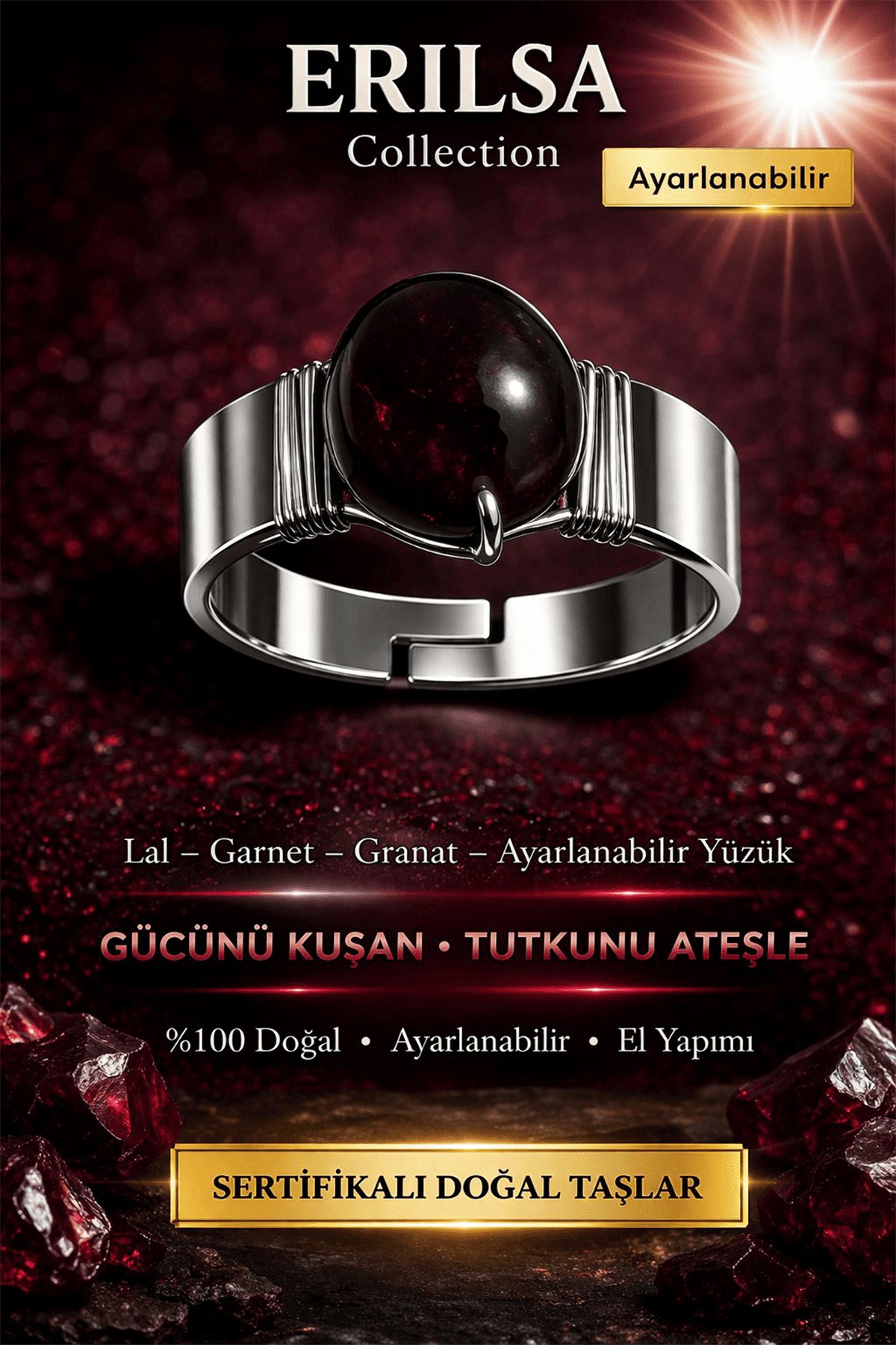 Sertifikalı Lal Garnet Granat Taşı Yüzük Doğal Taş Ayarlanabilir El Yapımı Şık Tasarım