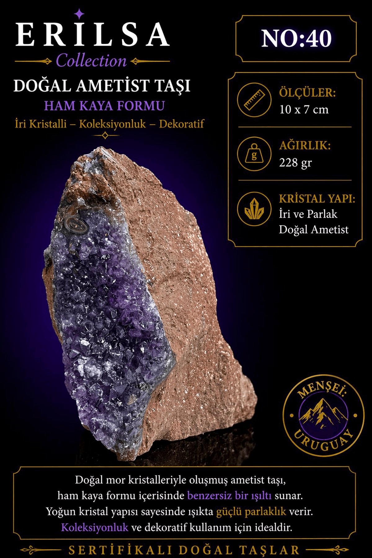 Sertifikalı Doğal Ametist Taşı Ham Kaya İri Kristalli Uruguay Dekoratif NO40