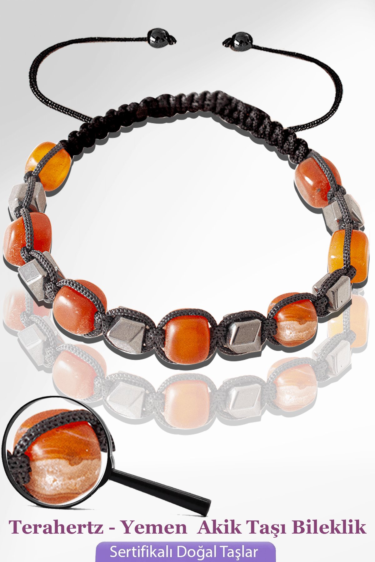 Sertifikalı Küp Model Terahertz - Yemen Akik Taşı Bileklik - Ayarlamalı