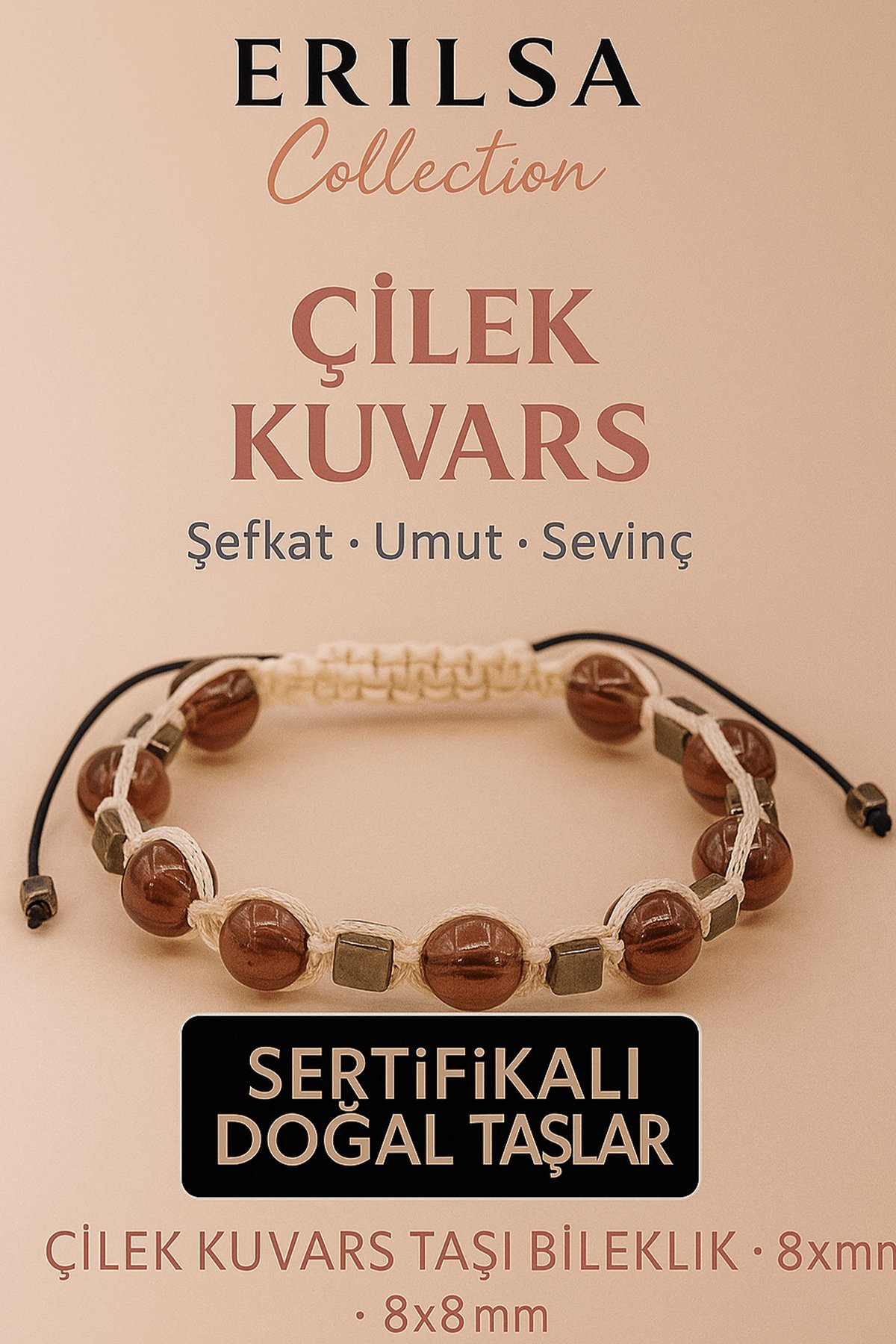 Sertifikalı Çilek Kuvars Doğal Taş Bileklik - 8x8 mm Sevgi Umut Şefkat Enerji Taşı