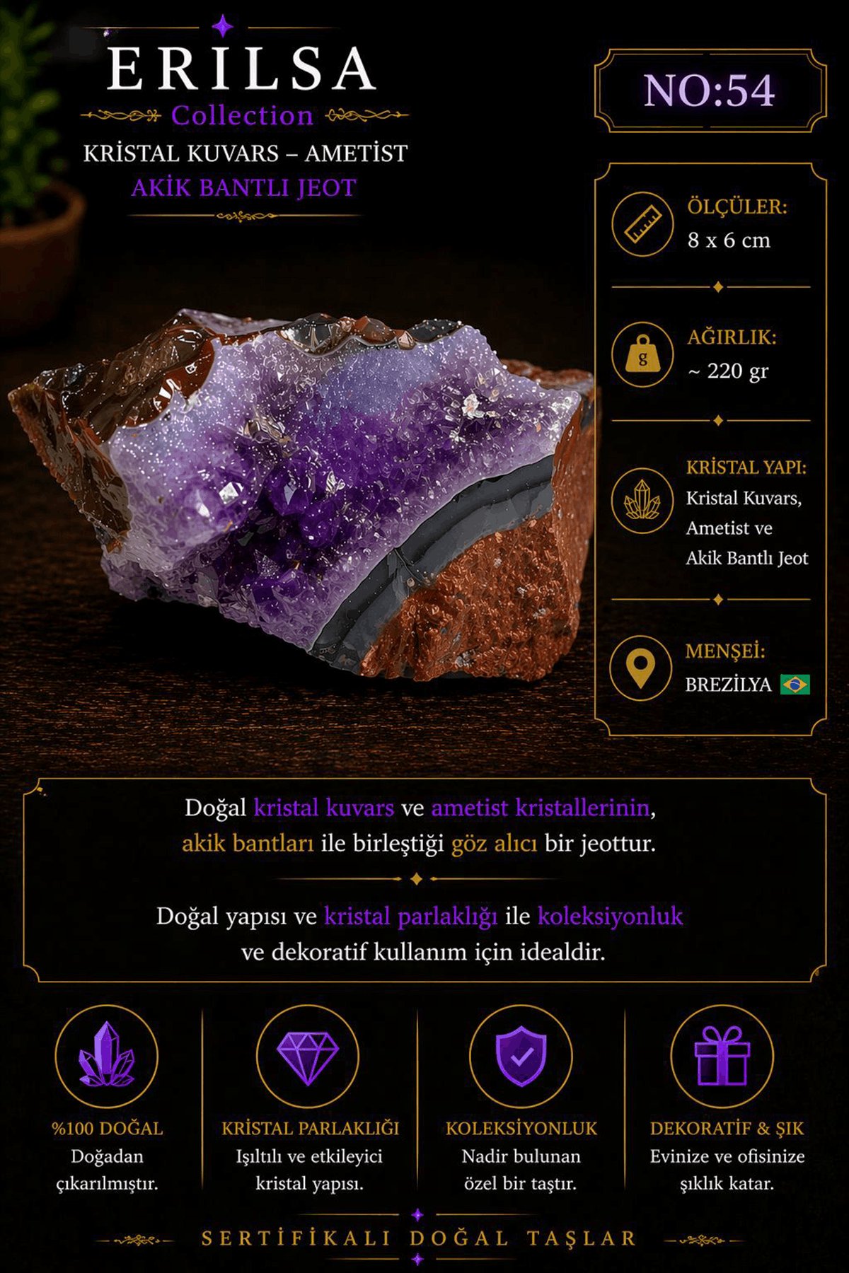 Sertifikalı Kristal Kuvars Ametist Akik Bantlı Jeot Dekoratif Doğal Taş NO54