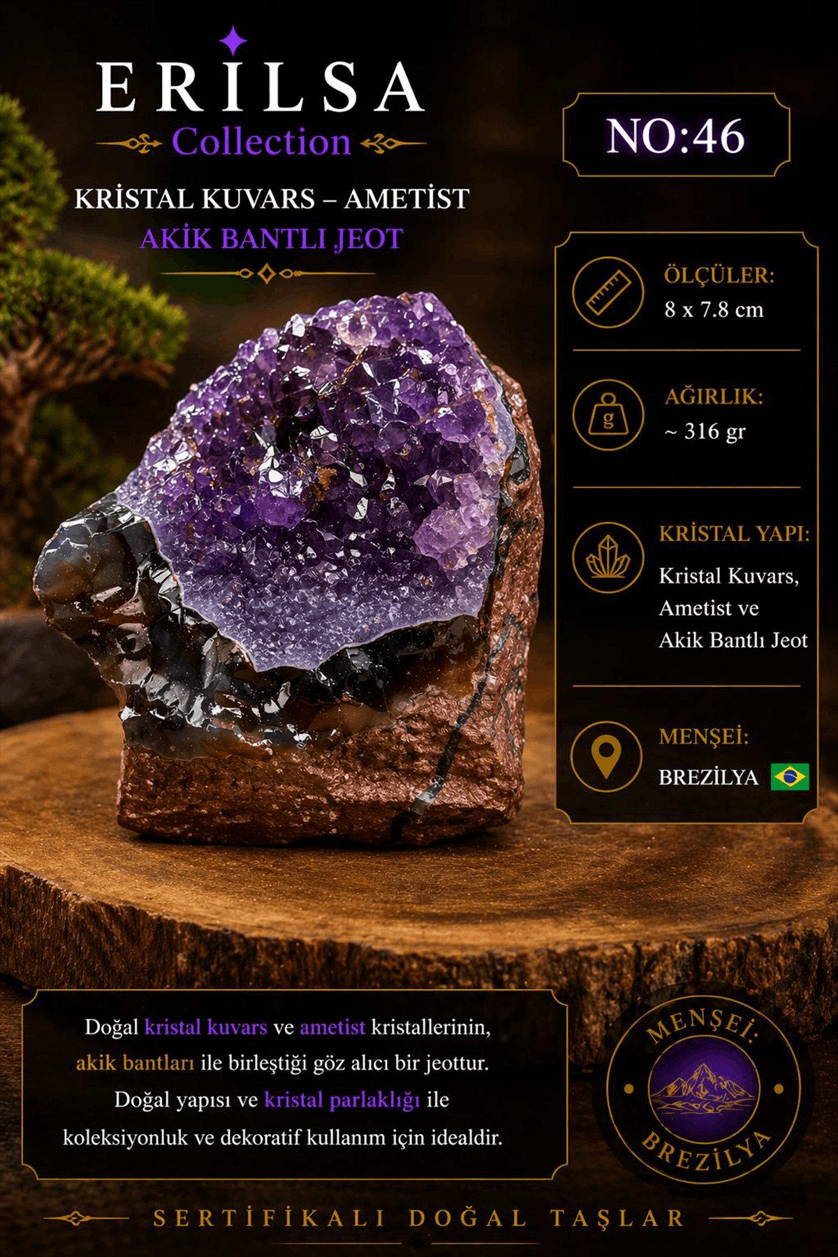 Sertifikalı Kristal Kuvars Ametist Akik Bantlı Jeot Dekoratif Doğal Taş NO46