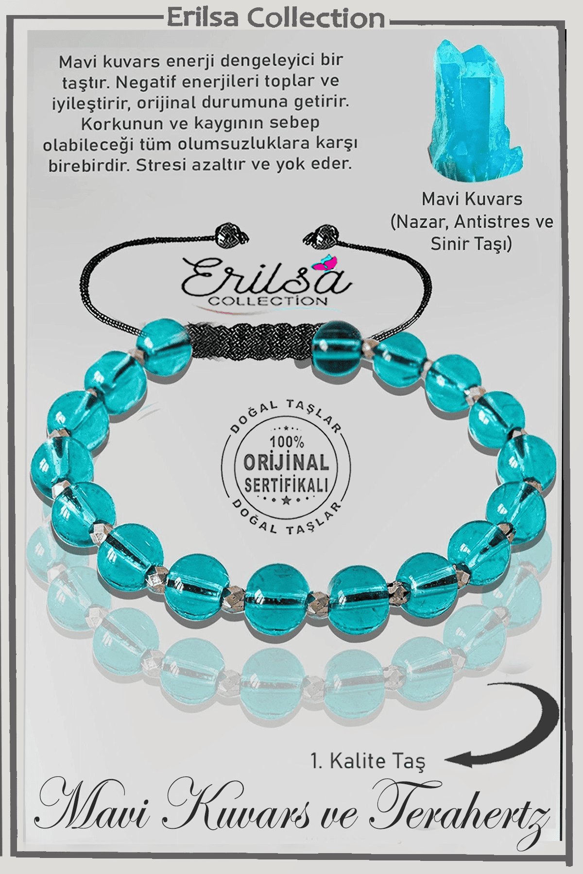 Sertifikalı Gerçek Silver Hematit - Açık Mavi Kuvars Taşı Bileklik - Ayarlamalı