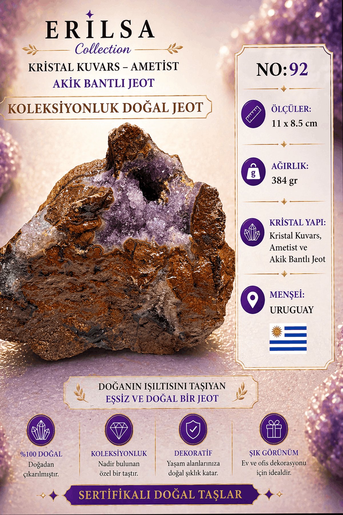 Sertifikalı Kristal Kuvars Ametist Akik Bantlı Jeot Doğal Taş Koleksiyonluk Dekoratif 11x8.5 NO92