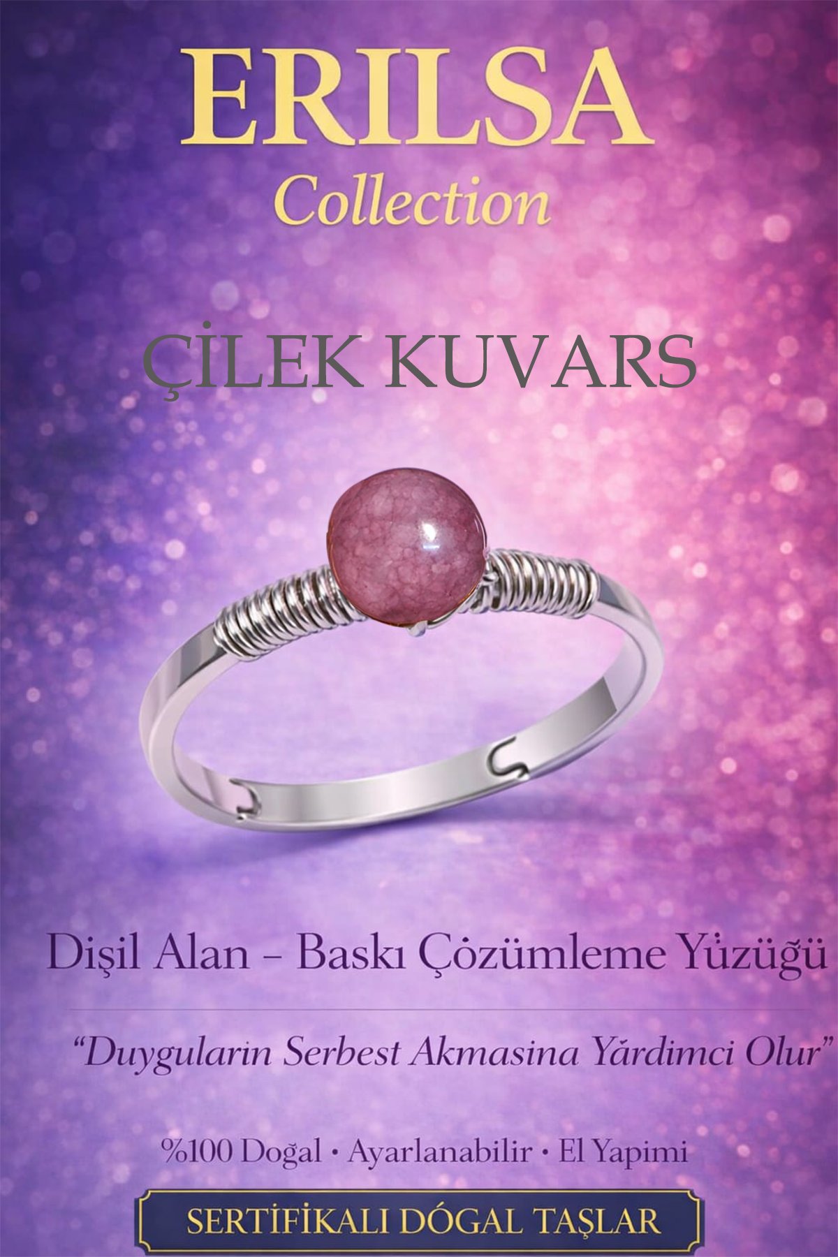 Sertifikalı Dişil Alan Baskı Çözüm Enerji Yüzüğü – Çilek Kuvars Ayarlanabilir Boğa Terazi Balık Burcu