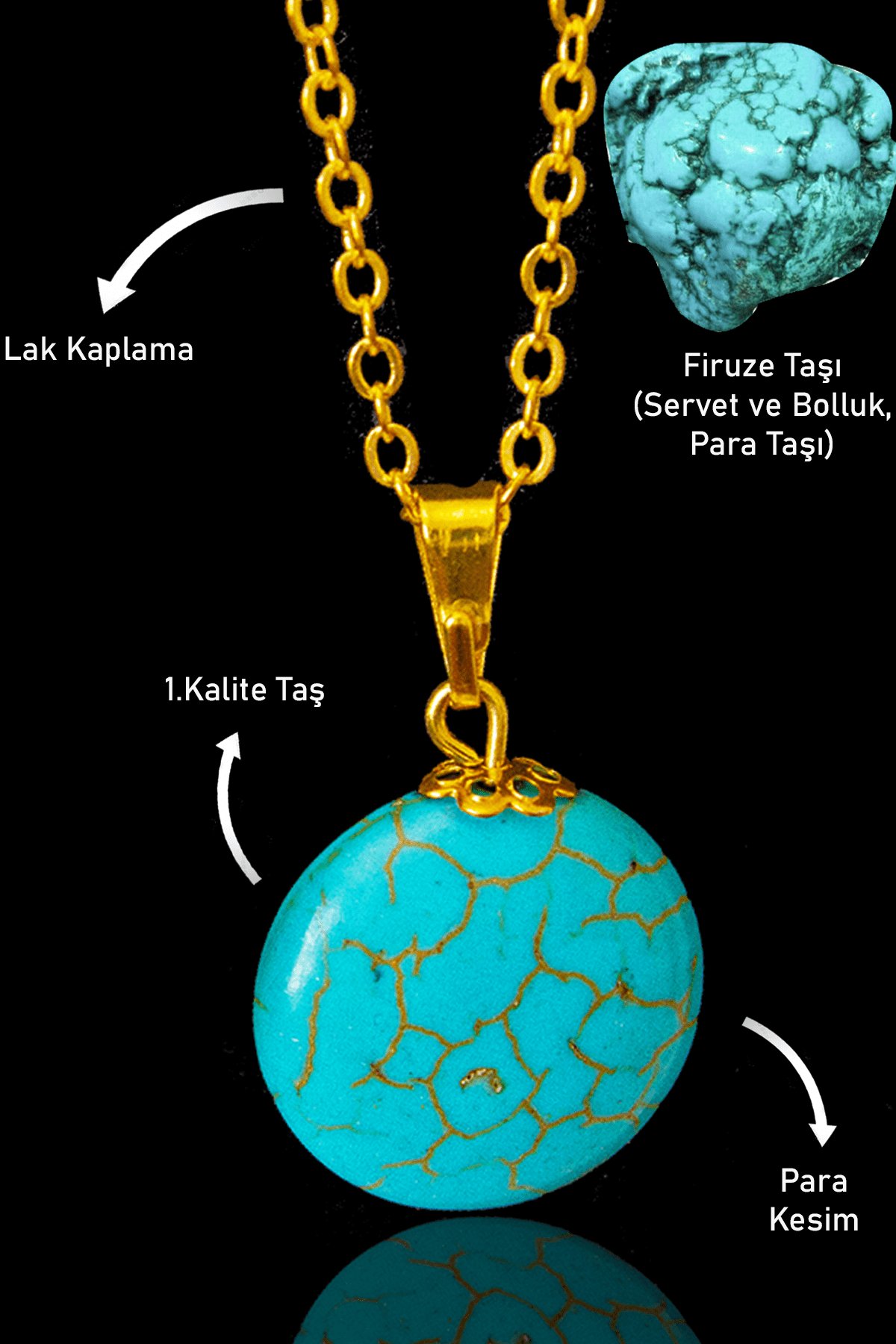 Sertifikalı 24k Altın Kaplama Para Model Firuze Taşı Kolye (Turkuaz Taşı)