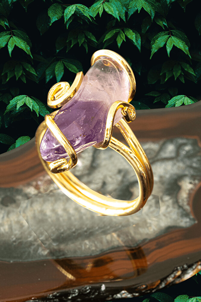 Sertifikalı Gold Rokoko Model Ametist Taşı Yüzük - Ayarlamalı