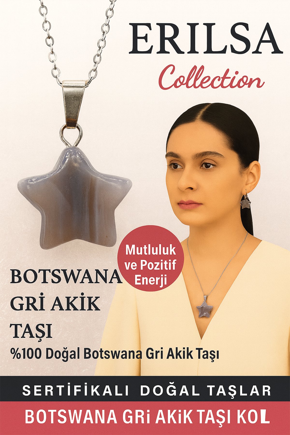 Sertifikalı Yıldız Model Botswana Gri Akik Doğal Taş Kolye – Mutluluk ve Pozitif Enerji