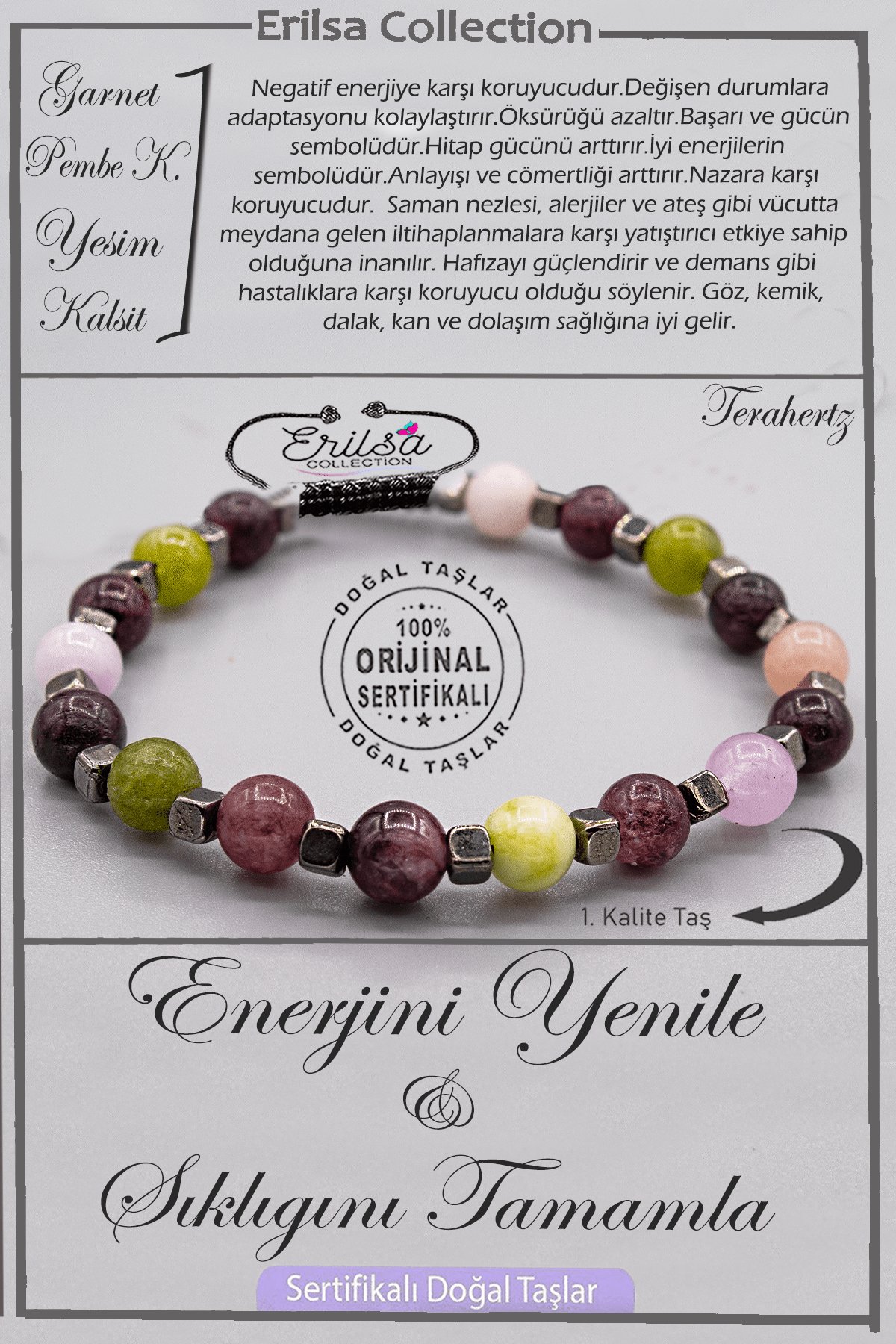 Serifikalı AAA+ Kalite Doğal Terahertz - Lal Pembe Kuvars Yeşim ve Kalsit Enerji Bilekliği