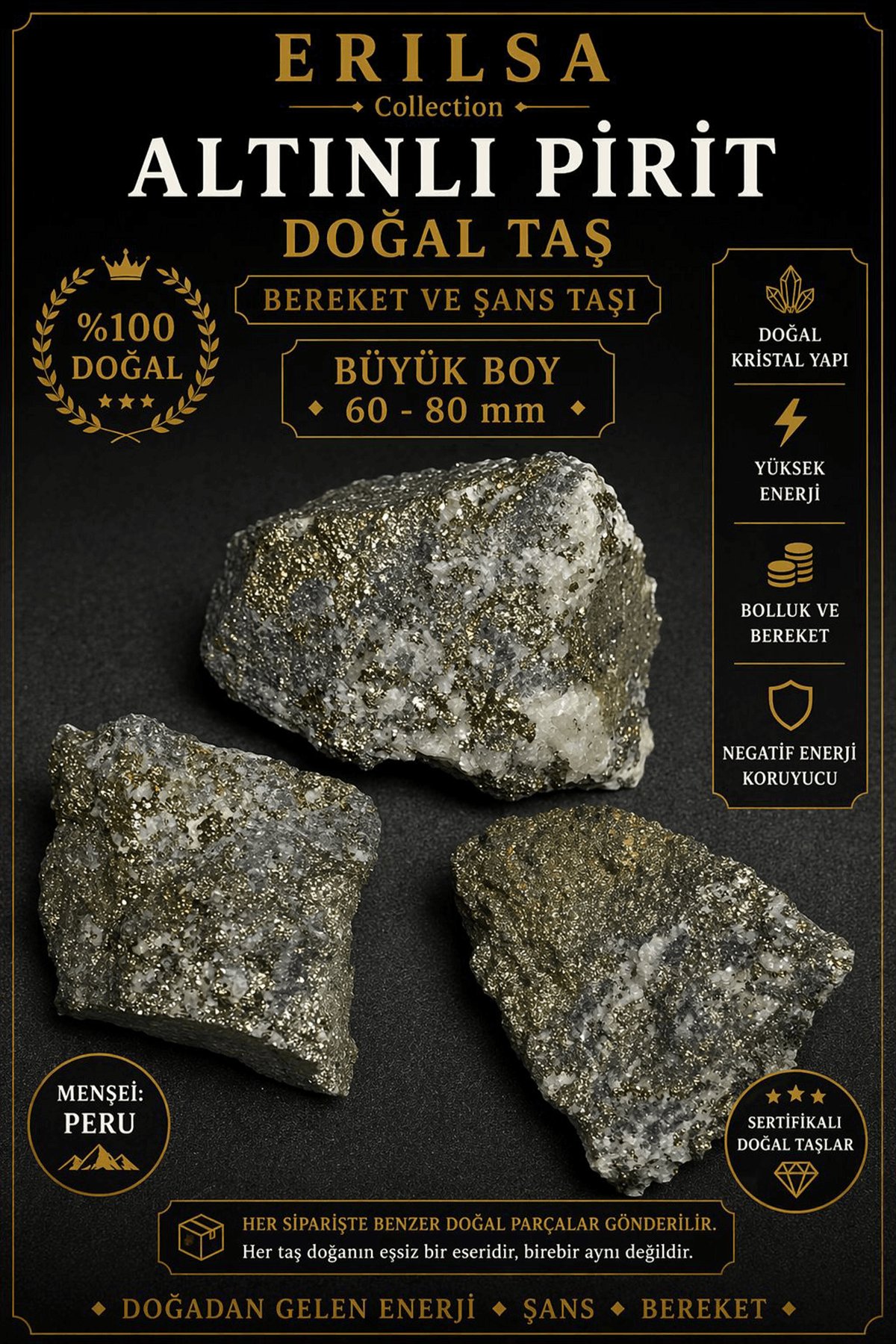 Sertifikalı Altınlı Pirit Taşı Kütle 60-80 mm Büyük Boy Koleksiyonluk Doğal Taş