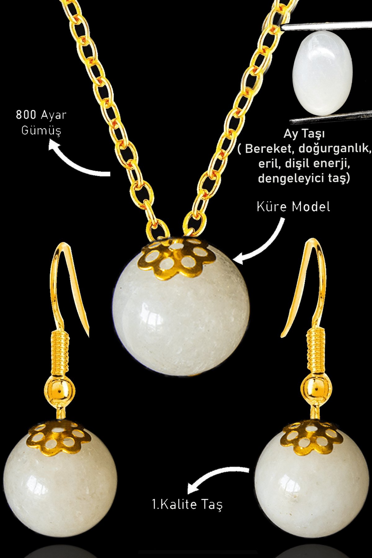 Sertifikalı Gold Küre Model Ay Taşı Kolye ve Küpe Seti - Gümüş Aparatlı