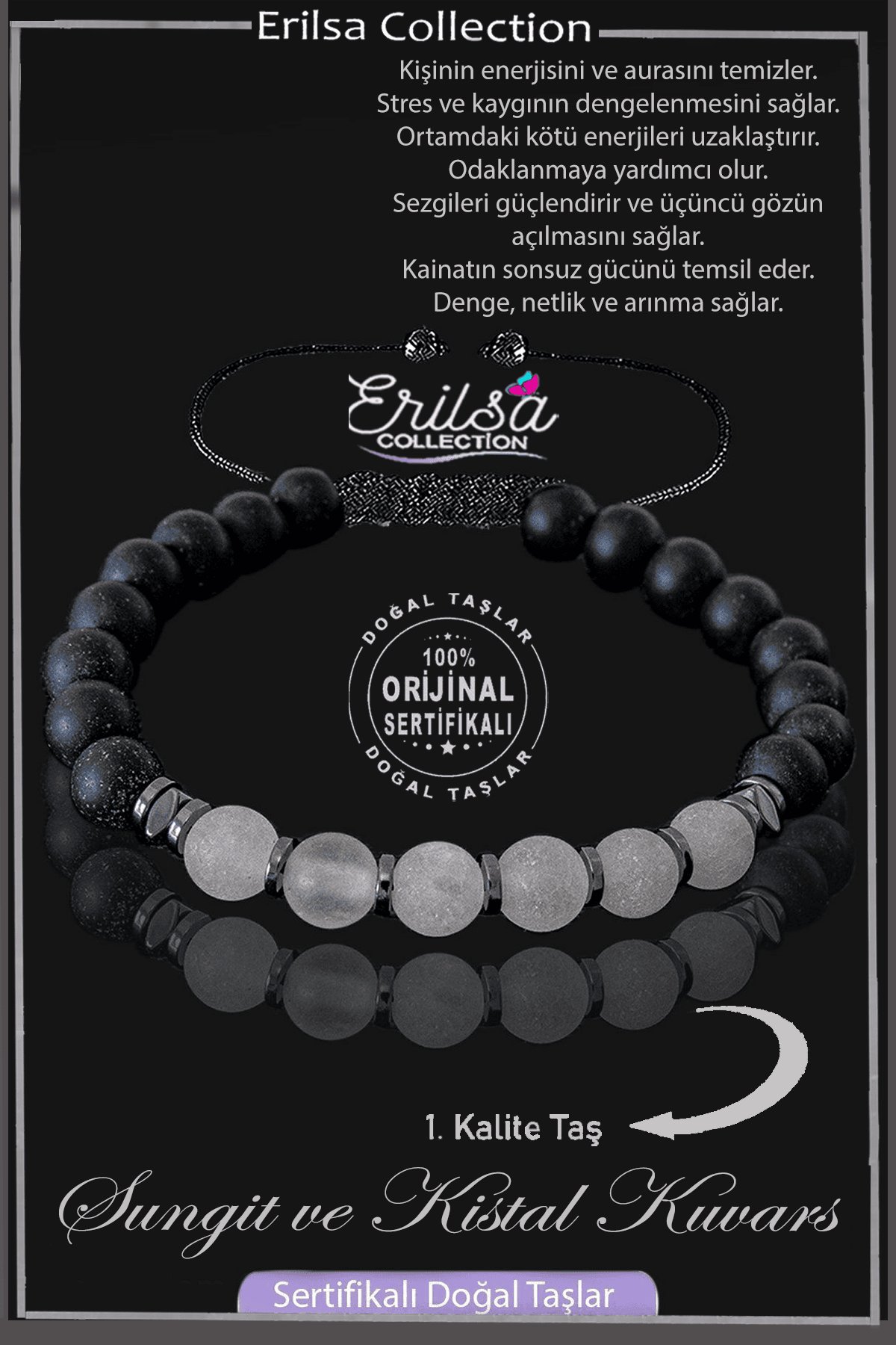 Sertifikalı Gerçek Ham İşlenmemiş Şungit - Kristal Kuvars Taşı Bileklik