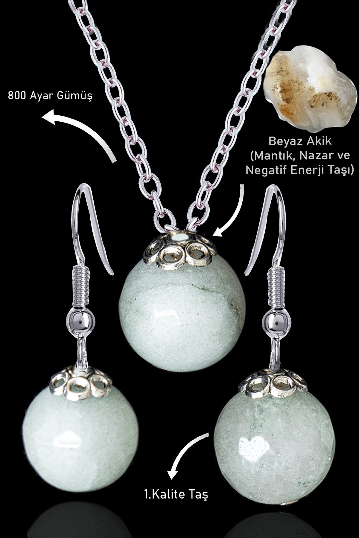 Sertifikalı Küre Model Beyaz Akik Taşı Kolye ve Küpe Seti - Gümüş Aparatlı