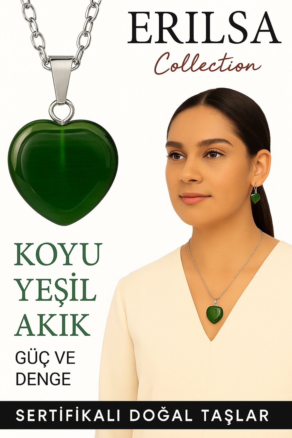 Sertifikalı Kalp Model Koyu Yeşil Akik Taşı Kolye – Denge, Koruma ve Ruhsal Güç Sembolü