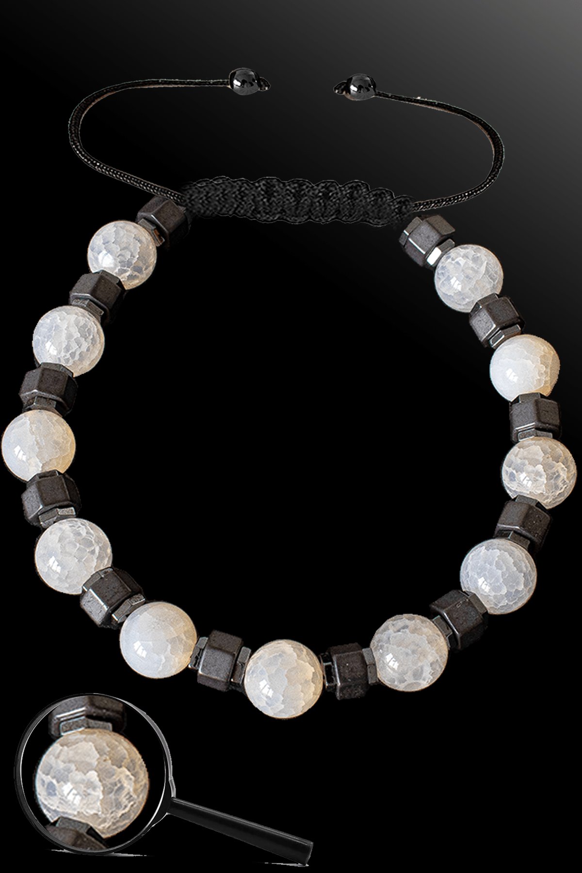 Sertifikalı Silver Hematitli 8 Mm Doğal Beyaz Akik Taşı Bileklik