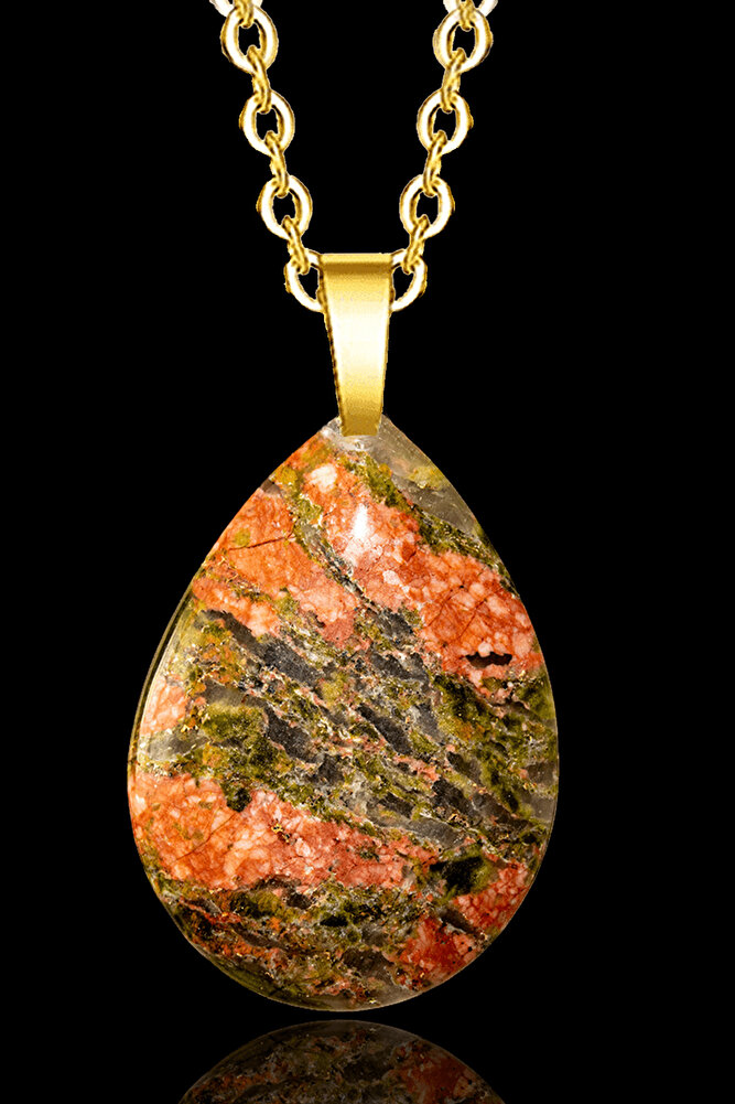 Sertifikalı 24k Altın Kaplama Damla Kesim Unakit Taşı Kolye