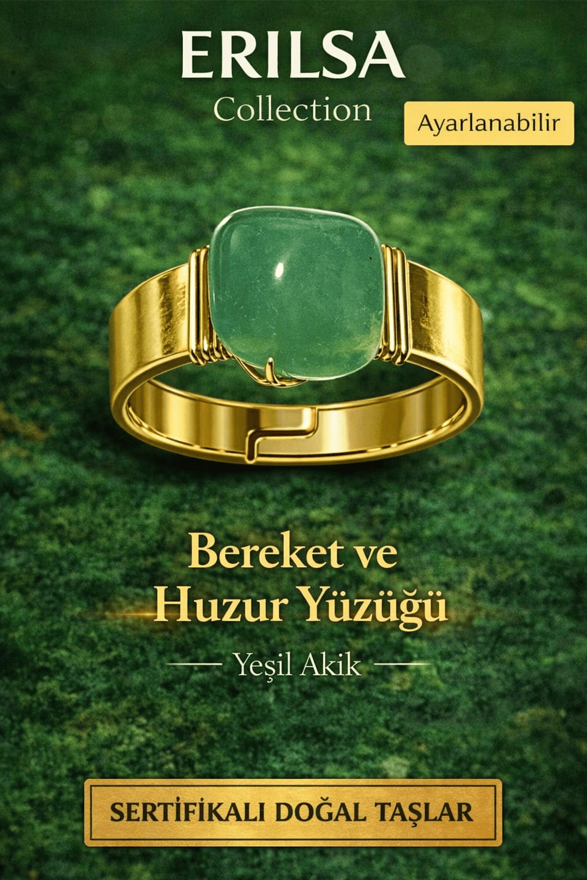Sertifikalı Bereket ve Huzur Yüzüğü Yeşil Akik Doğal Taş Yüzük Ayarlanabilir El Yapımı