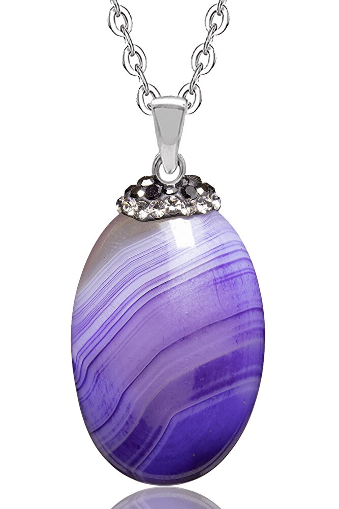 Zirkon Taşlı Mor Akik Doğal Taş Kolye