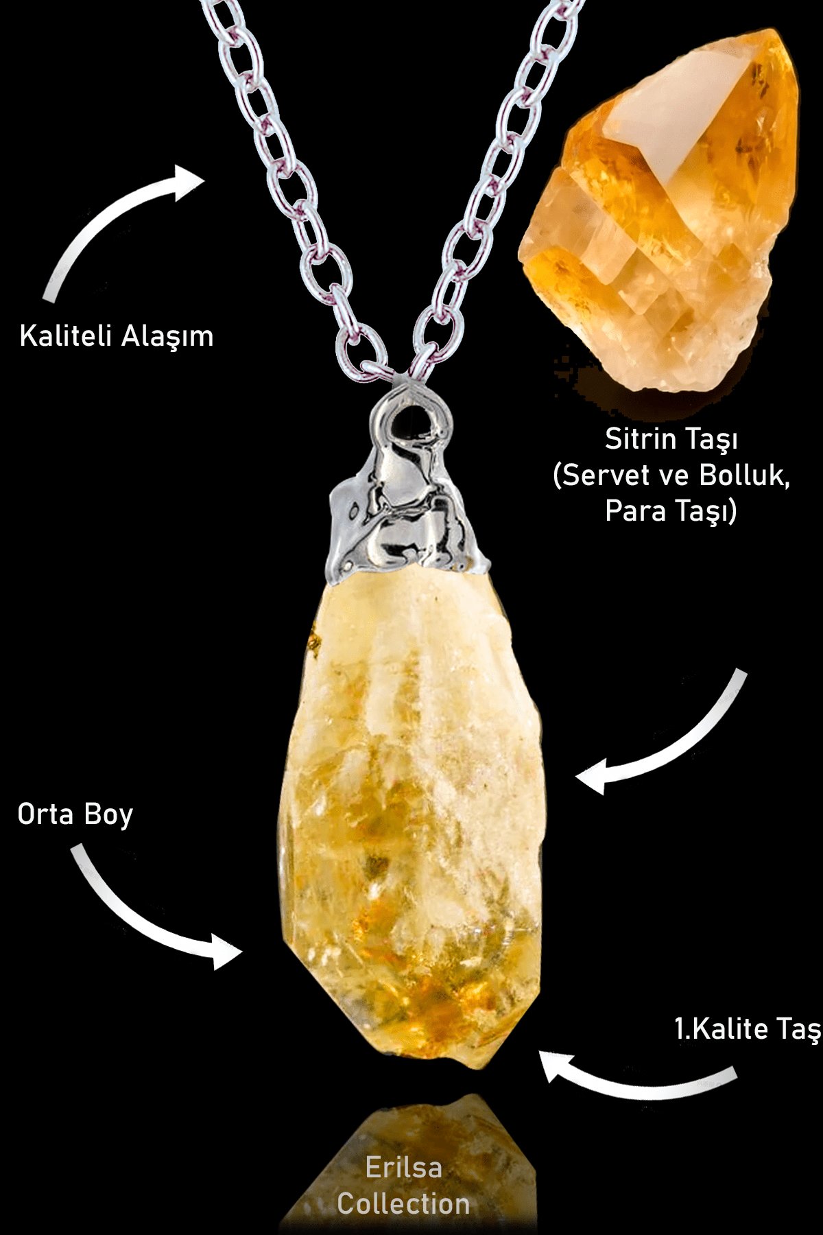 Sertifikalı Ham İşlenmemiş Sitrin Taşı Kolye - Orta Boy