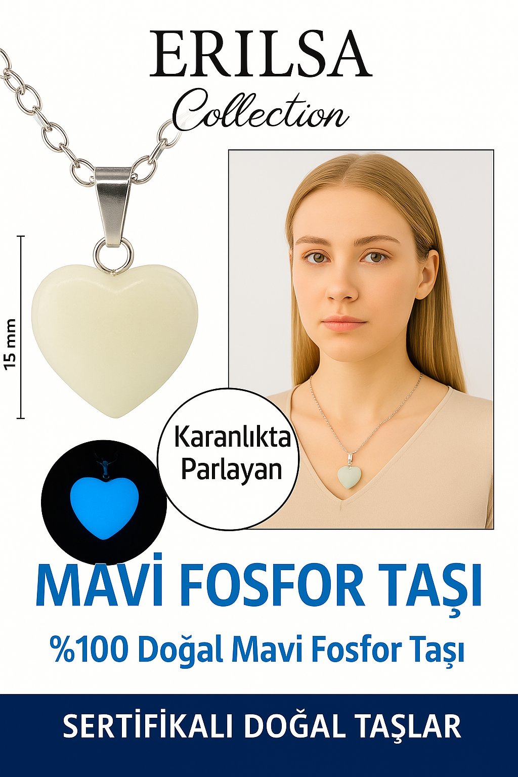 Sertifikalı Kalp Model Mini Mavi Fosfor Kolye – Parlayan Enerji ve Pozitif Titreşim Taşı