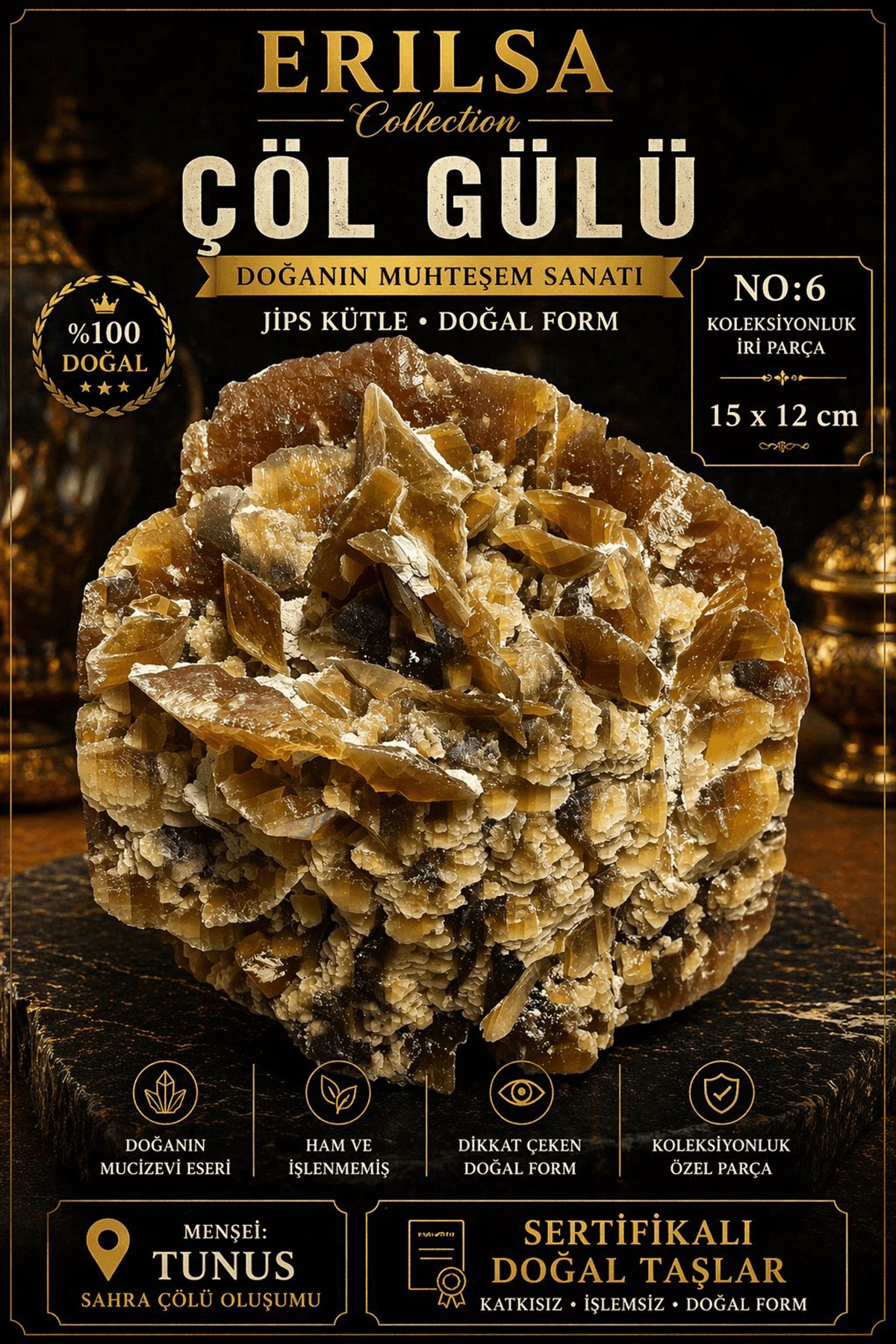 Sertifikalı Çöl Gülü Taşı Kütle - 15x12 cm Koleksiyonluk İri Doğal Jips Kütle Özel Parça