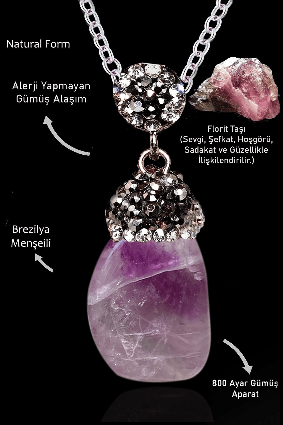 Sertifikalı Zirkon Taşlı Model Ham Mor Florit Taşı Kolye