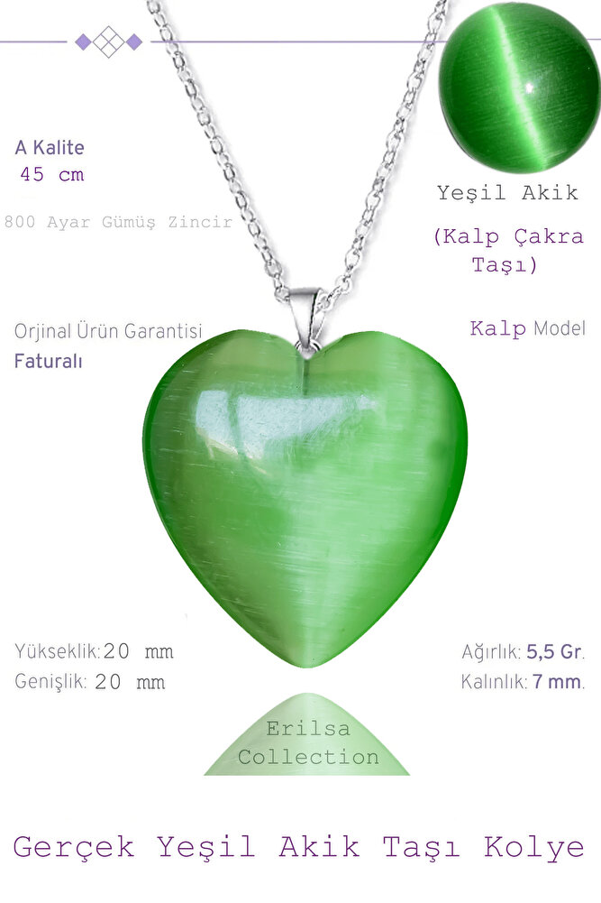 Sertifikalı Kalp Model Yeşil Akik Taşı Kolye (Gümüş Aparatlı)