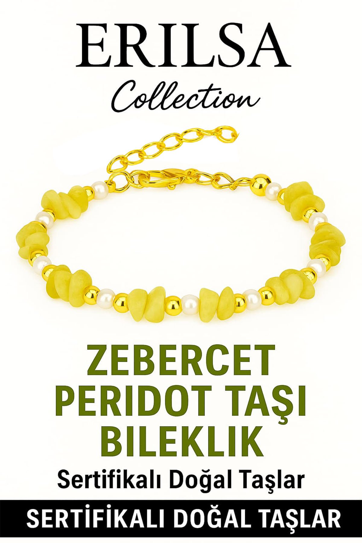 Sertifikalı Kırık Taşlı Model İnci – Zebercet (Peridot) Taşı Bileklik – Denge ve Canlılık Enerjisi