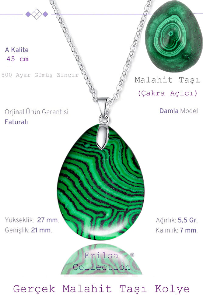 Sertifikalı Damla Model Malahit Taşı Kolye (GÜMÜŞ APARATLI)
