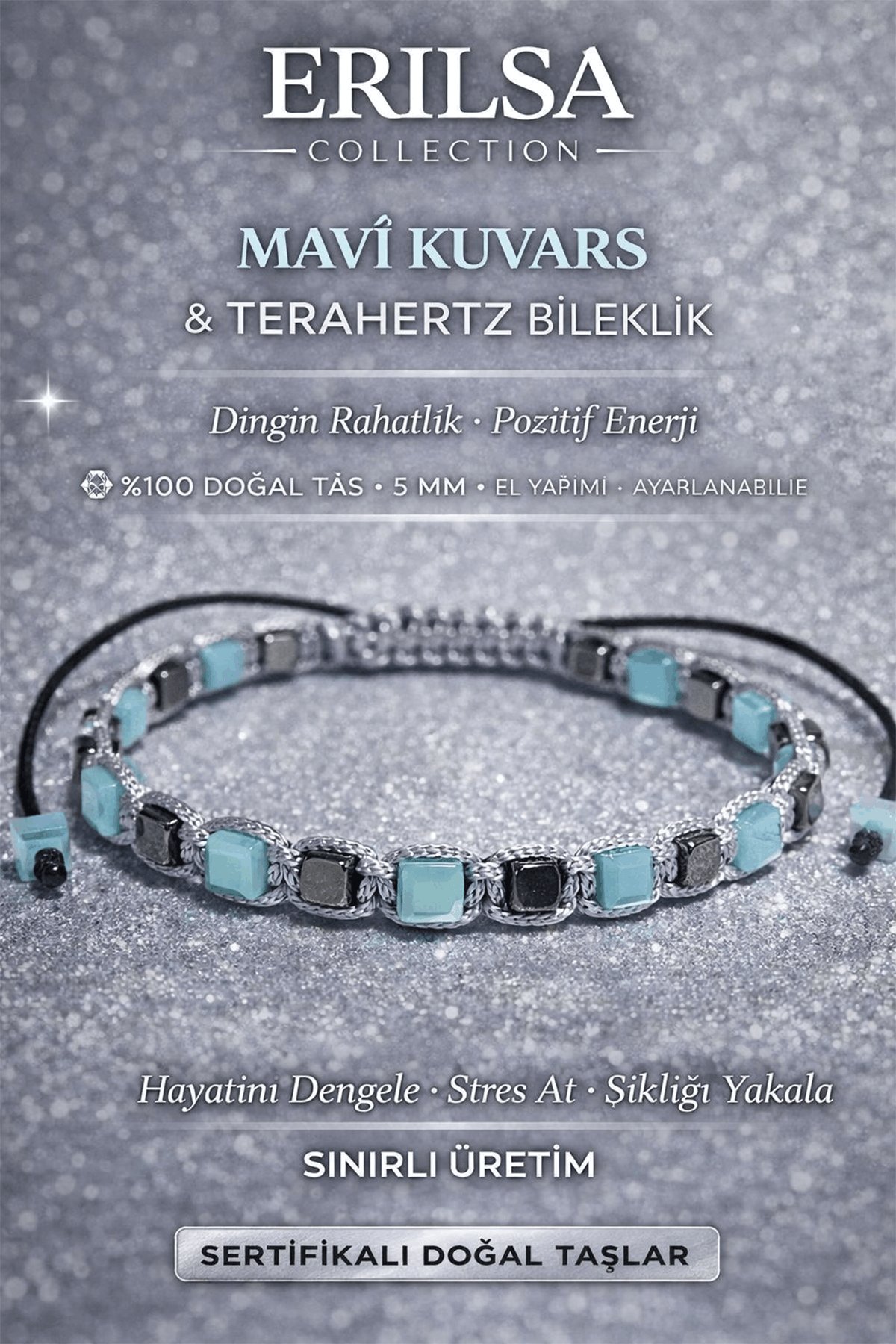 Sertifikalı Mavi Kuvars Bileklik - 5 mm Küp Kesim Terahertz Doğal Taş Minimal Ayarlanabilir