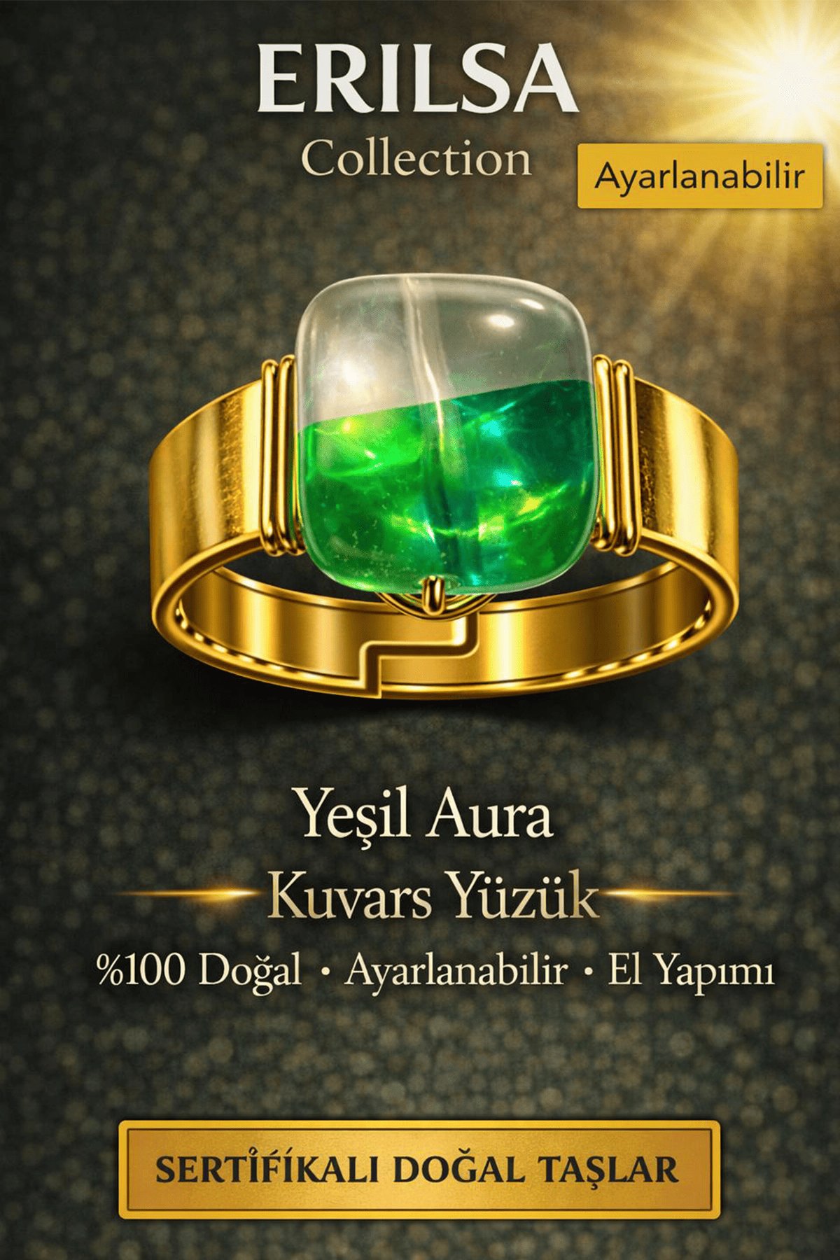 Sertifikalı Yeşil Aura Kuvars Yüzük Doğal Taş Yüzük Ayarlanabilir El Yapımı Enerji Taşı