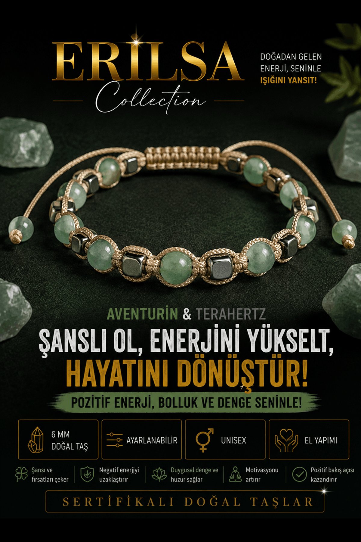 Sertifikalı Aventurin Terahertz Doğal Taş Bileklik Ayarlanabilir Unisex El Yapımı - Şans Bolluk