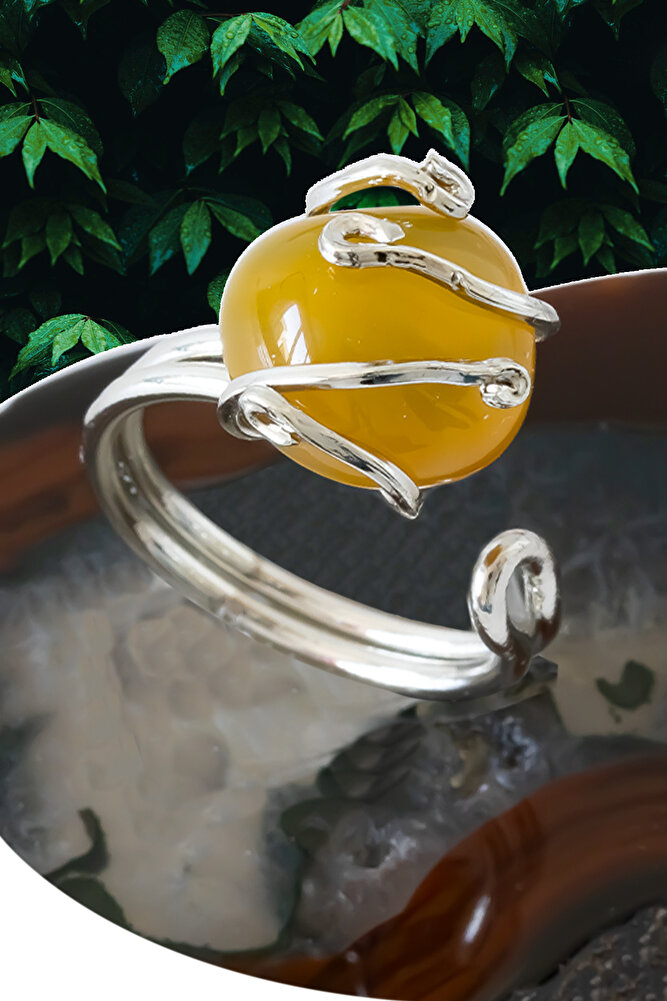 Sertifikalı Gümüş Rokoko Model Sarı Akik Taşı Yüzük - Ayarlamalı