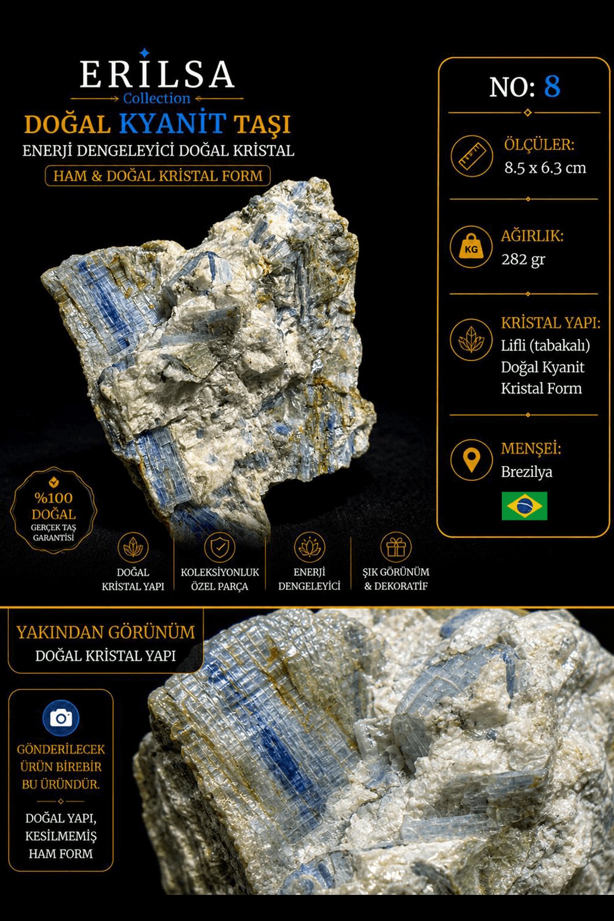 Sertifikalı Doğal Kyanit Taşı Kütle – Ham Kristal Dekoratif Mineral Parçası NO8
