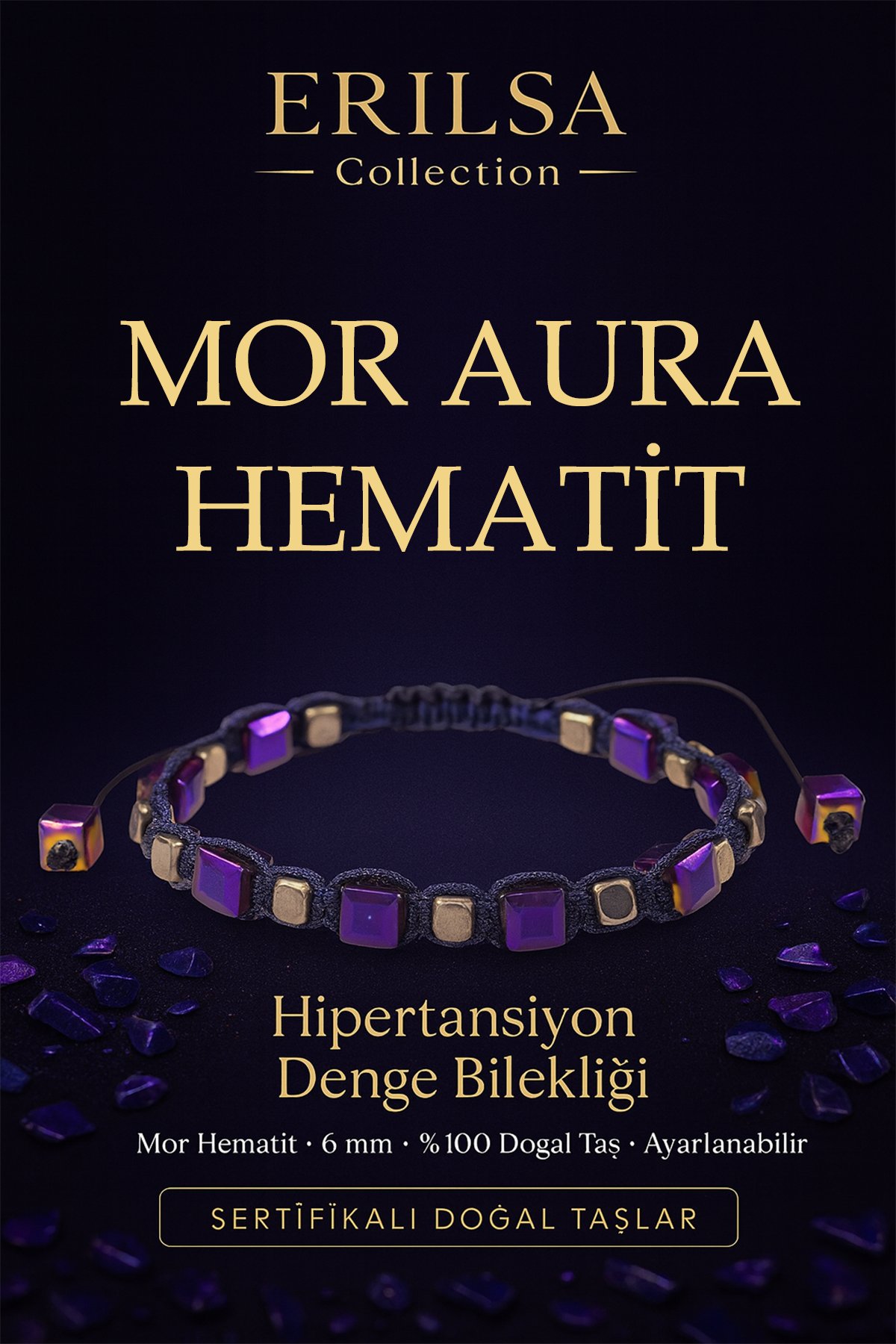 Sertifikalı Hipertansiyon Denge Enerji Bilekliği – Mor Aura Hematit Doğal Taş 6 mm Ayarlanabilir