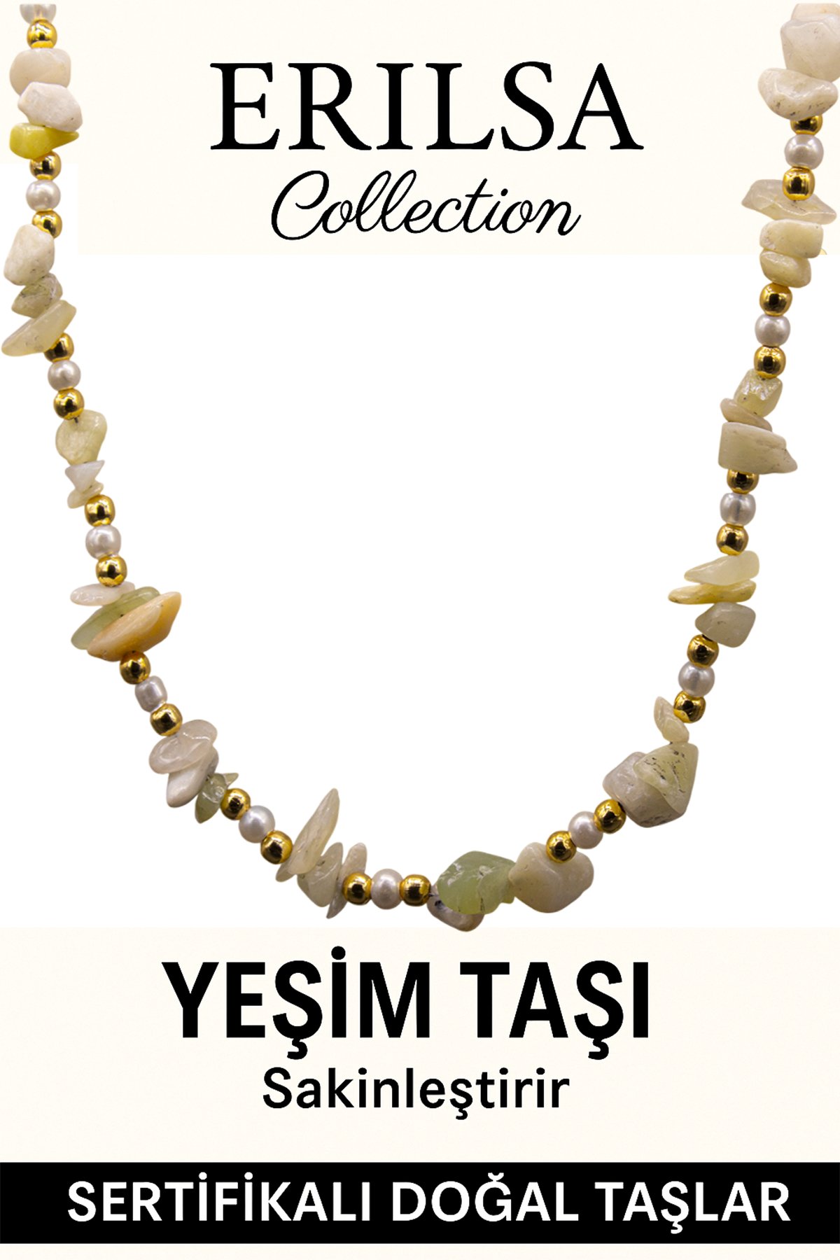 Sertifikalı Kırık Taşlı Model İnci ve Yeşim Taşı Kolye