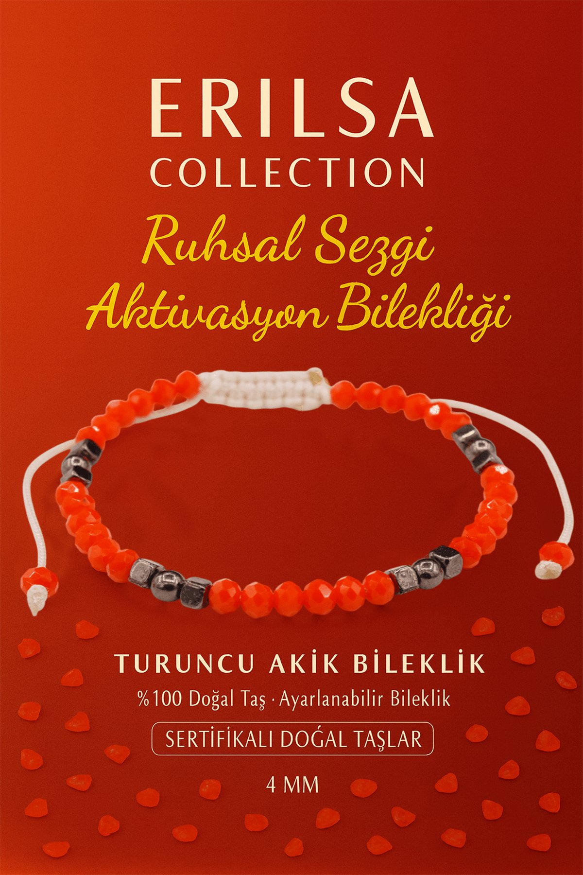 Sertifikalı Ruhsal Sezgi Aktivasyon Enerji Bilekliği – Turuncu Akik ve Terahertz Doğal Taş 4 mm