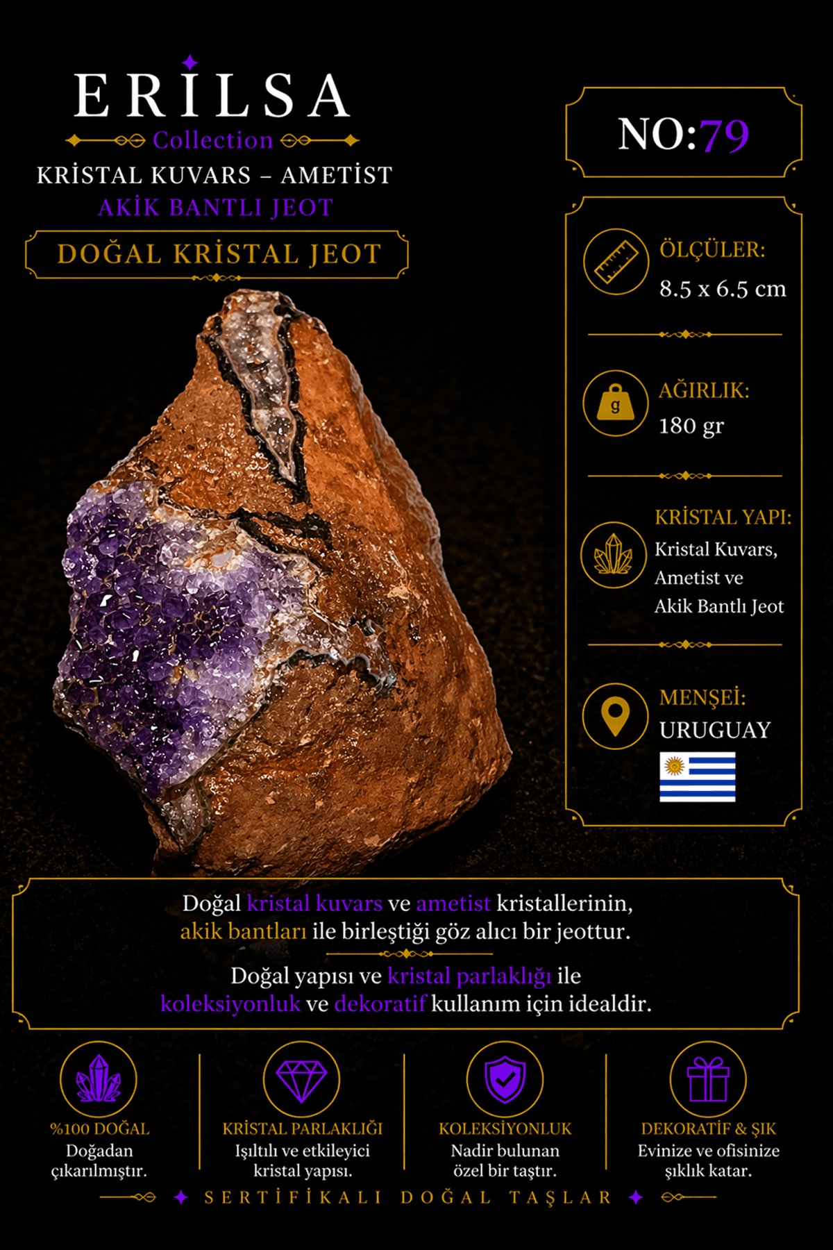 Sertifikalı Doğal Ametist Jeodu Akik Bantlı Kristal Kuvars Ham Kaya Uruguay NO79