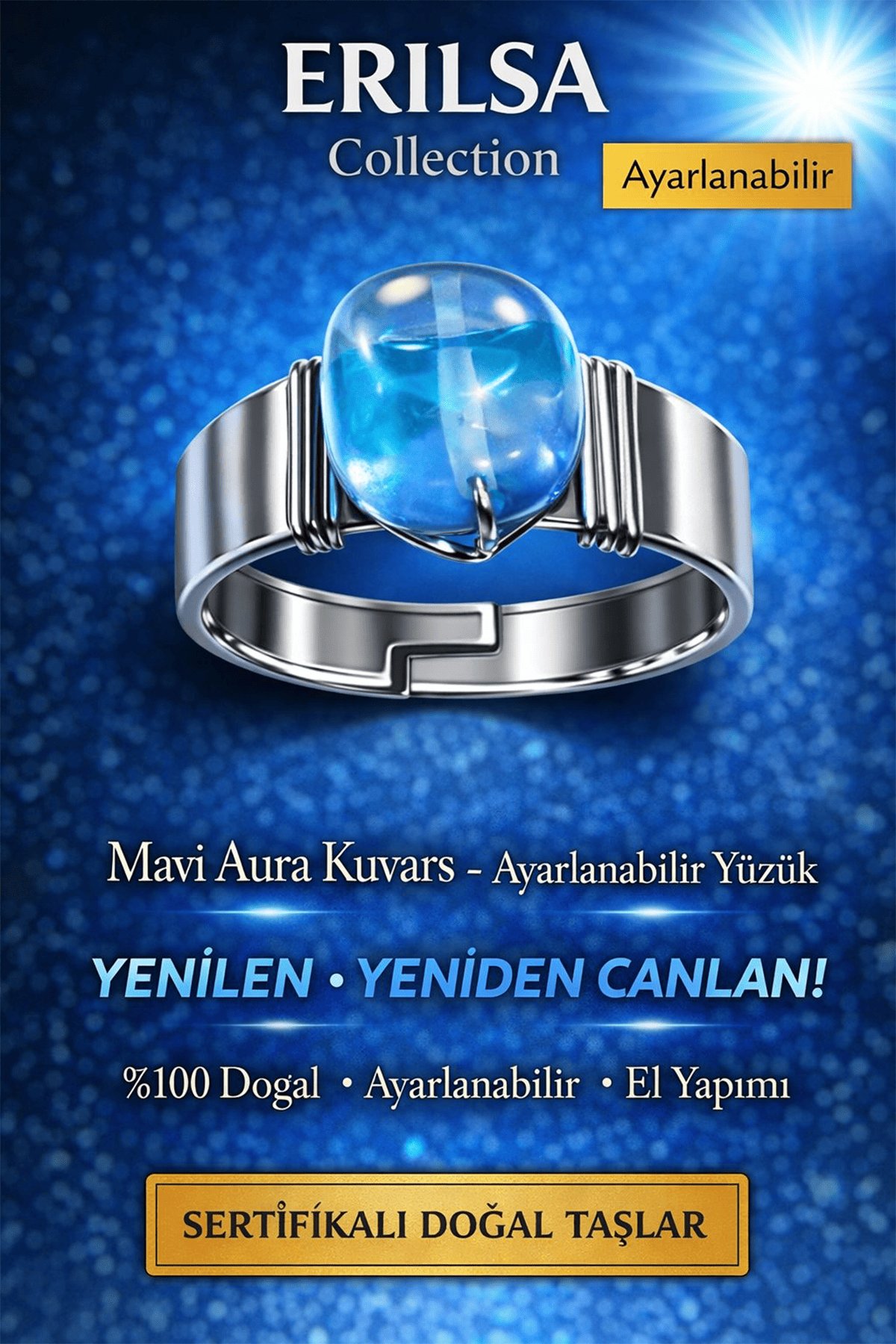 Sertifikalı Mavi Aura Kuvars Yüzük Doğal Taş Ayarlanabilir El Yapımı Enerji Taşı