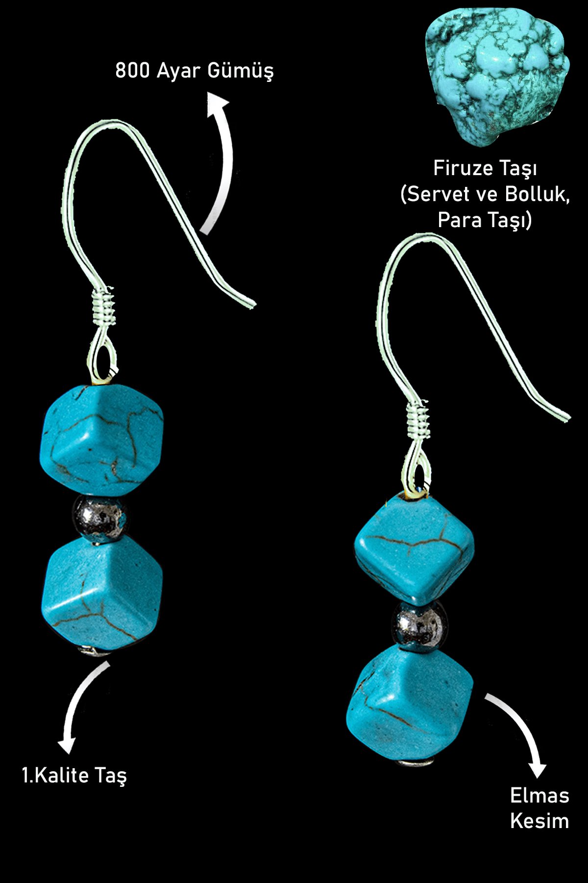 Sertifikalı Elmas Kesim Firuze Taşı Küpe (Turkuaz Taşı)