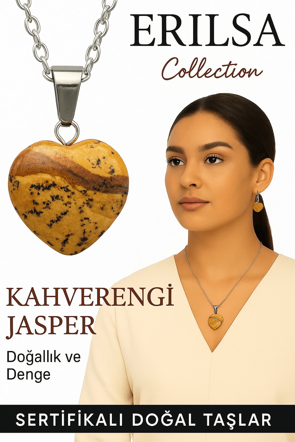 Sertifikalı Kalp Model Kahverengi Jasper Taşı Kolye – Topraklanma, Güven ve Ruhsal Denge