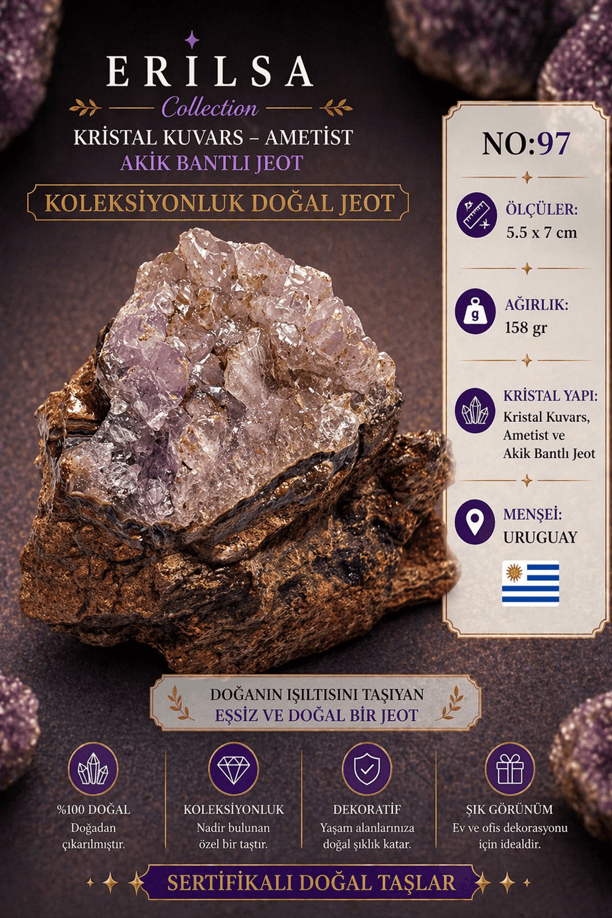 Sertifikalı Kristal Kuvars Ametist Akik Bantlı Jeot Doğal Taş Koleksiyonluk Dekoratif 5.5x7 cm NO97