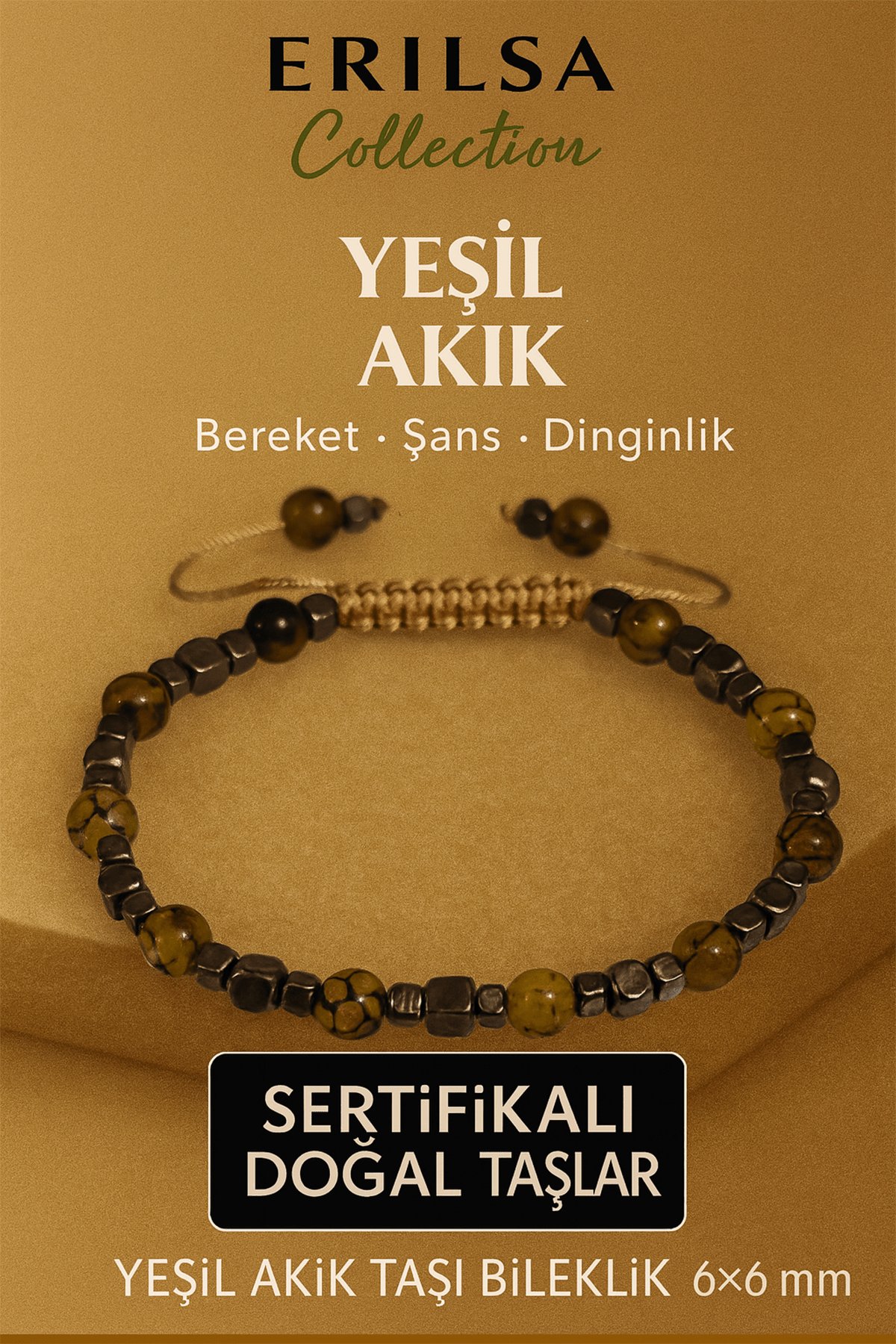 Sertifikalı Doğal Terahertz Ejderha Yeşil Akik Taşı Bileklik 6x6 mm - Bereket ve Şans Taşı