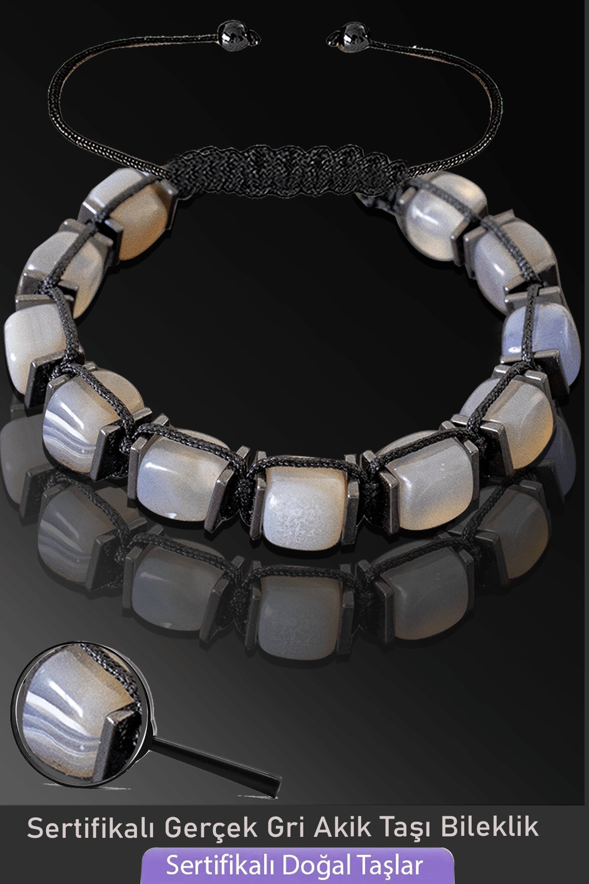 Sertifikalı Küp Model Doğal Gri Akik Taşı Bileklik - Ayarlamalı