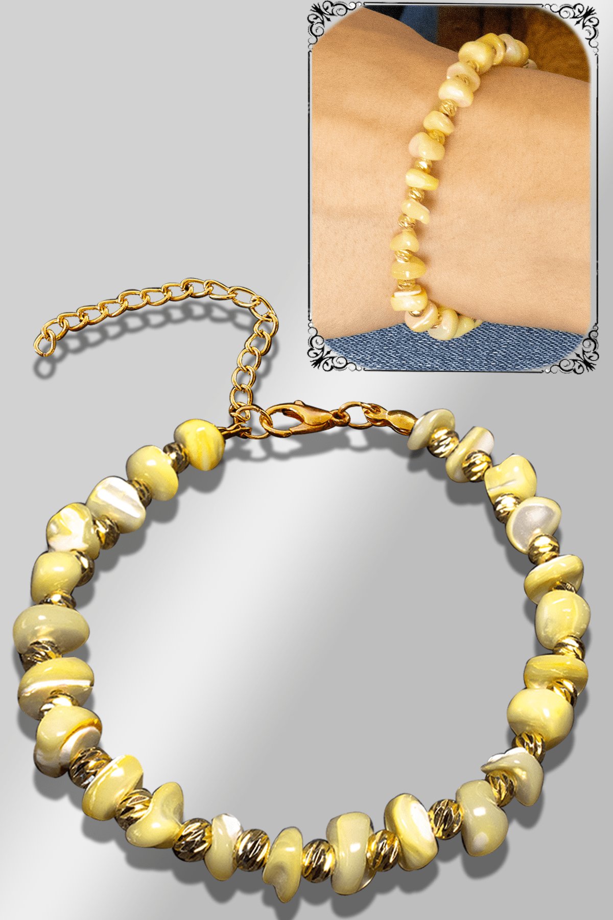 Sertifikalı Amorf Model Limon Sarısı Sedef Taşı Bileklik (Ayarlamalı)